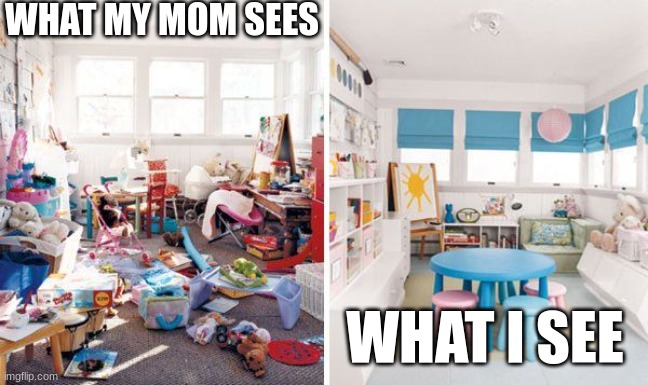 Me V.S my mom | WHAT MY MOM SEES; WHAT I SEE | image tagged in clean vs messy room | made w/ Imgflip meme maker