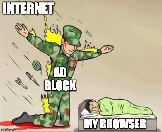 Ad block is good | INTERNET; AD BLOCK; MY BROWSER | image tagged in soldier protecting sleeping child | made w/ Imgflip meme maker