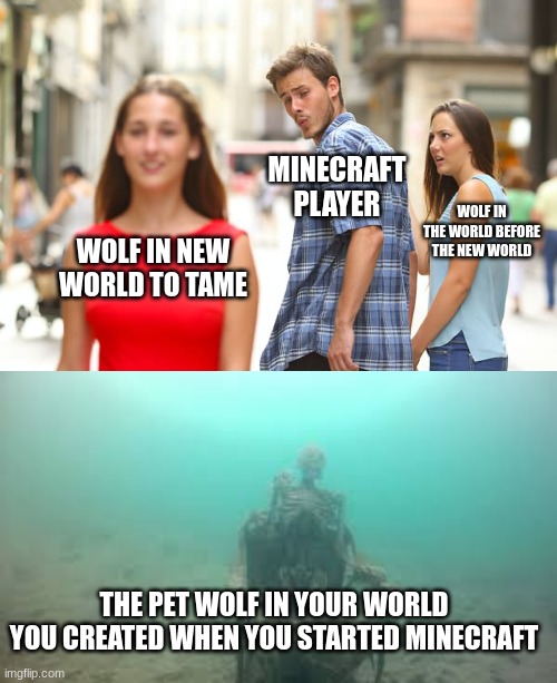 ;( | MINECRAFT PLAYER; WOLF IN THE WORLD BEFORE THE NEW WORLD; WOLF IN NEW WORLD TO TAME; THE PET WOLF IN YOUR WORLD YOU CREATED WHEN YOU STARTED MINECRAFT | image tagged in memes,distracted boyfriend | made w/ Imgflip meme maker