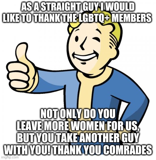 Thank you comrades! | AS A STRAIGHT GUY I WOULD LIKE TO THANK THE LGBTQ+ MEMBERS; NOT ONLY DO YOU LEAVE MORE WOMEN FOR US, BUT YOU TAKE ANOTHER GUY WITH YOU! THANK YOU COMRADES | image tagged in fallout thumb up | made w/ Imgflip meme maker