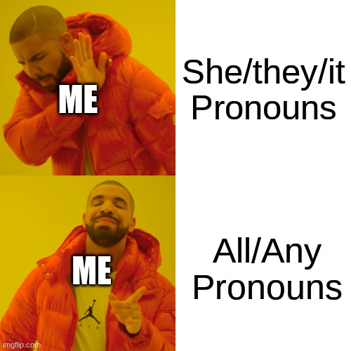 Pronouns Meme | She/they/it Pronouns; ME; All/Any Pronouns; ME | image tagged in drake hotline bling,please help me | made w/ Imgflip meme maker