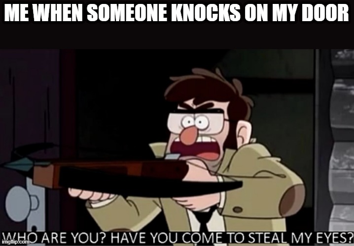 Who are you? Have you come to steal my eyes? | ME WHEN SOMEONE KNOCKS ON MY DOOR | image tagged in memes,funny,memenade,gravity falls | made w/ Imgflip meme maker