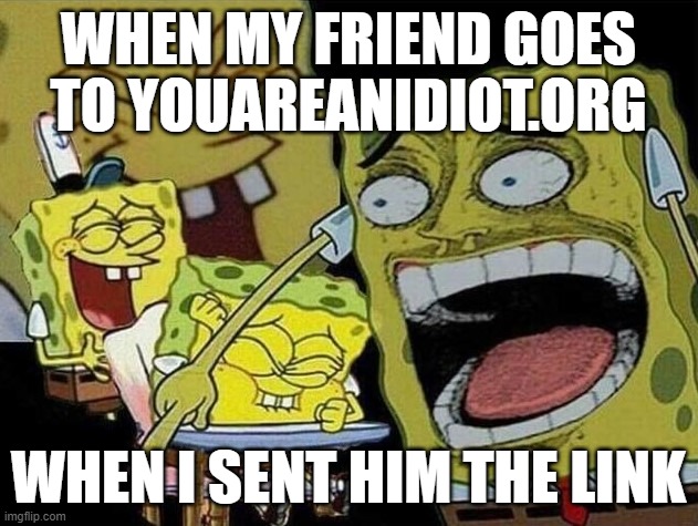 Spongebob laughing Hysterically | WHEN MY FRIEND GOES TO YOUAREANIDIOT.ORG; WHEN I SENT HIM THE LINK | image tagged in spongebob laughing hysterically | made w/ Imgflip meme maker