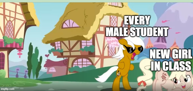 AAAAAAAAAAAAASSSSSSSSSSSSS my little pony | EVERY MALE STUDENT; NEW GIRL IN CLASS | image tagged in aaaaaaaaaaaaasssssssssssss my little pony | made w/ Imgflip meme maker