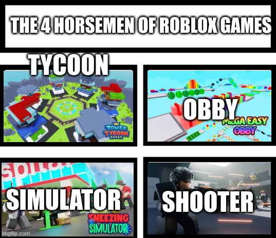 Title | THE 4 HORSEMEN OF ROBLOX GAMES; TYCOON; OBBY; SHOOTER; SIMULATOR | image tagged in 4 horsemen of | made w/ Imgflip meme maker