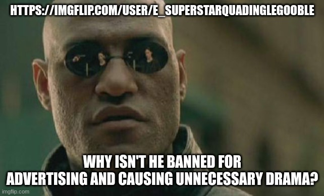 why? | HTTPS://IMGFLIP.COM/USER/E_SUPERSTARQUADINGLEGOOBLE; WHY ISN'T HE BANNED FOR ADVERTISING AND CAUSING UNNECESSARY DRAMA? | image tagged in memes,matrix morpheus | made w/ Imgflip meme maker