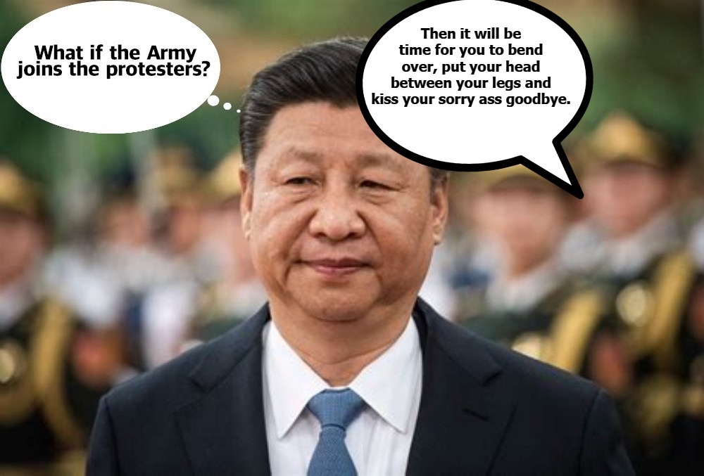 Xi: What if the Army joins the protesters? | image tagged in xi jinping,worried ccp,ccp,crush the commies,kiss your ass goodye,commies | made w/ Imgflip meme maker