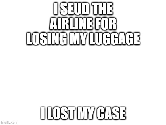 not funny didn't laugh | I SEUD THE AIRLINE FOR LOSING MY LUGGAGE; I LOST MY CASE | image tagged in blank white template,dad joke | made w/ Imgflip meme maker