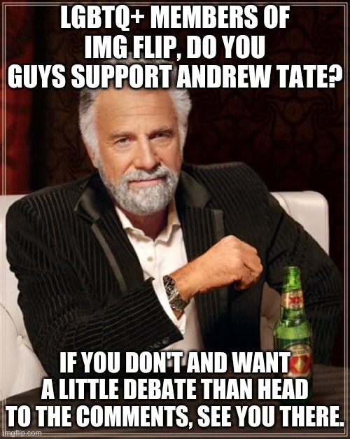 meme number 3 by a straight dude in lgbtq | LGBTQ+ MEMBERS OF IMG FLIP, DO YOU GUYS SUPPORT ANDREW TATE? IF YOU DON'T AND WANT A LITTLE DEBATE THAN HEAD TO THE COMMENTS, SEE YOU THERE. | image tagged in memes,the most interesting man in the world | made w/ Imgflip meme maker