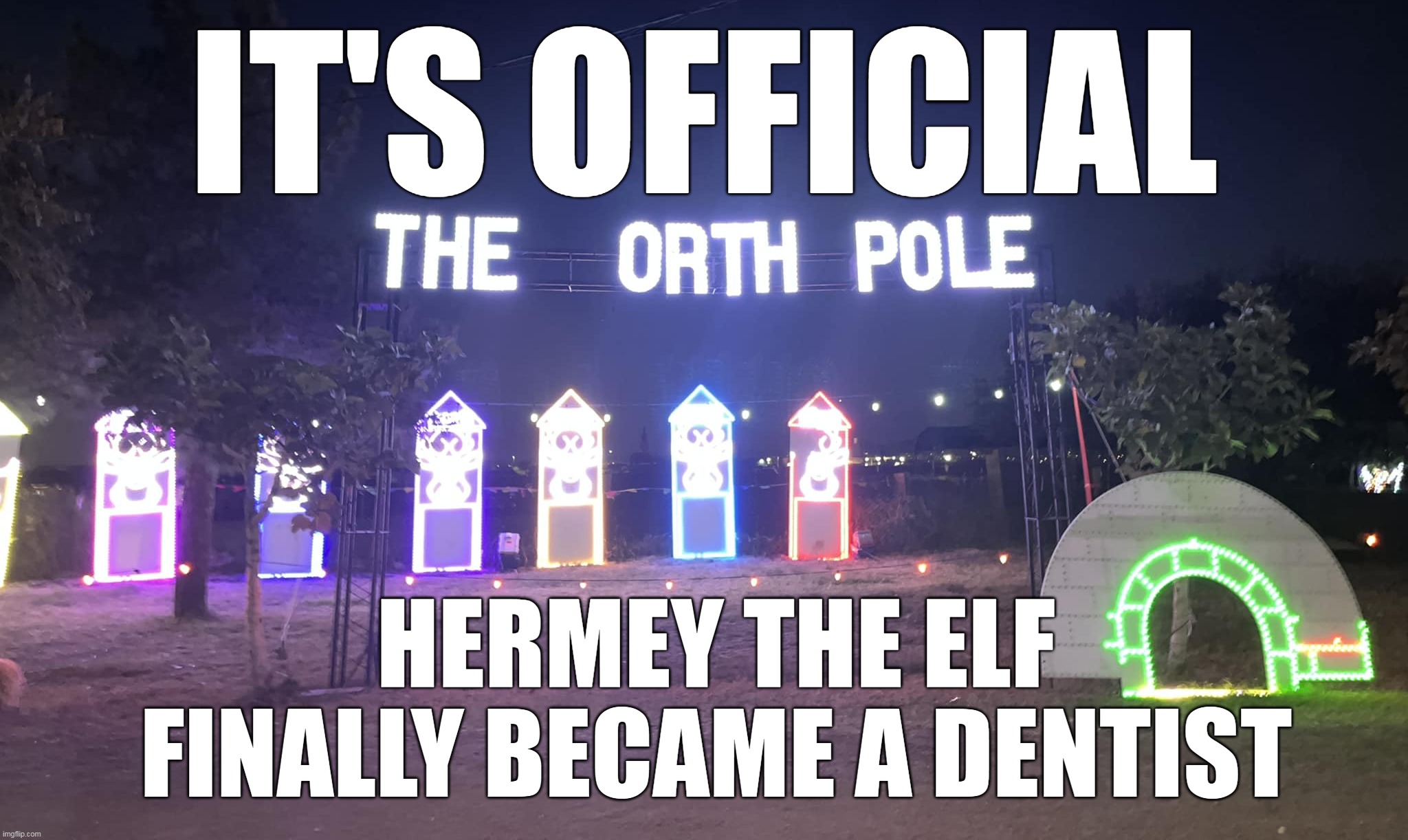 IT'S OFFICIAL; HERMEY THE ELF FINALLY BECAME A DENTIST | image tagged in meme,memes,humor,signs,funny,christmas | made w/ Imgflip meme maker