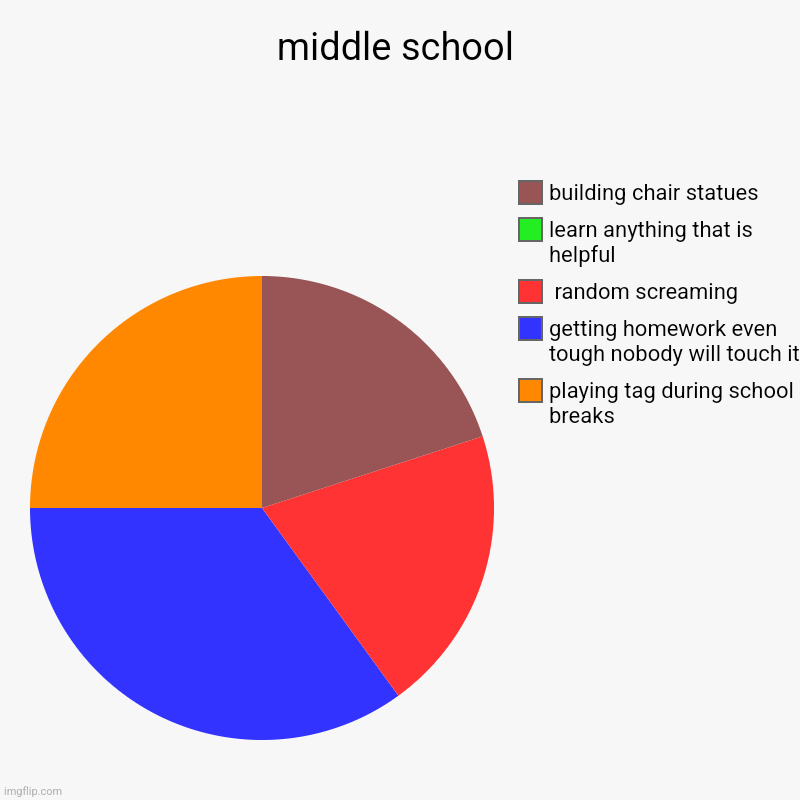 Middle School classics | middle school | playing tag during school breaks, getting homework even tough nobody will touch it,  random screaming, learn anything that i | image tagged in charts,pie charts | made w/ Imgflip chart maker