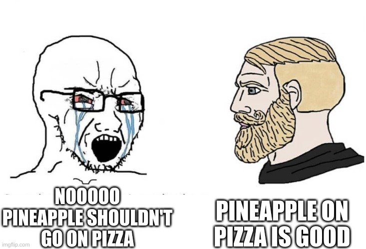 IDK what you think i think it's good | PINEAPPLE ON PIZZA IS GOOD; NOOOOO PINEAPPLE SHOULDN'T GO ON PIZZA | image tagged in soyboy vs yes chad | made w/ Imgflip meme maker