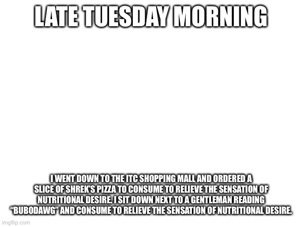 Next to Shrek’s Pizza on the left is a Cinnabon, and across that way is a sports bar | LATE TUESDAY MORNING; I WENT DOWN TO THE ITC SHOPPING MALL AND ORDERED A SLICE OF SHREK’S PIZZA TO CONSUME TO RELIEVE THE SENSATION OF NUTRITIONAL DESIRE. I SIT DOWN NEXT TO A GENTLEMAN READING “BUBODAWG” AND CONSUME TO RELIEVE THE SENSATION OF NUTRITIONAL DESIRE. | made w/ Imgflip meme maker