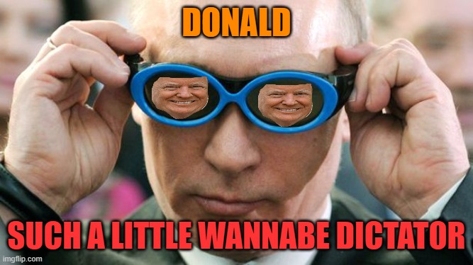 Putin with glasses | DONALD SUCH A LITTLE WANNABE DICTATOR | image tagged in putin with glasses | made w/ Imgflip meme maker