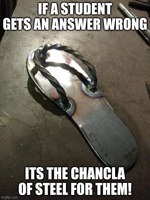 Stainless Steel Chancla |  IF A STUDENT GETS AN ANSWER WRONG; ITS THE CHANCLA OF STEEL FOR THEM! | image tagged in stainless steel chancla | made w/ Imgflip meme maker