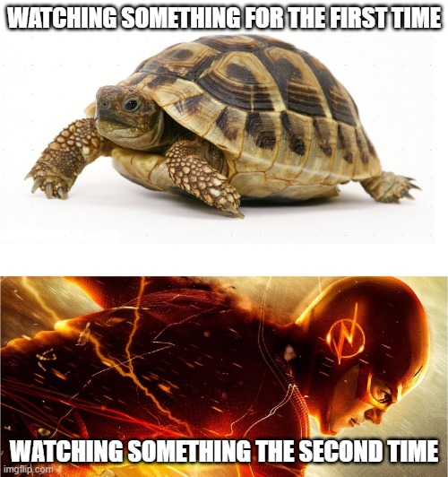 1st time vs 2nd time | WATCHING SOMETHING FOR THE FIRST TIME; WATCHING SOMETHING THE SECOND TIME | image tagged in slow vs fast meme,movies,funny,memes | made w/ Imgflip meme maker