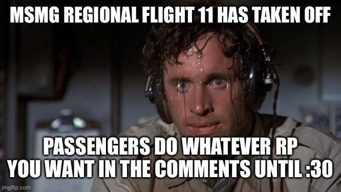 pilot sweating | MSMG REGIONAL FLIGHT 11 HAS TAKEN OFF; PASSENGERS DO WHATEVER RP YOU WANT IN THE COMMENTS UNTIL :30 | image tagged in pilot sweating | made w/ Imgflip meme maker