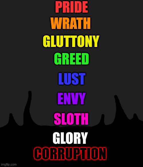 the two forgotten sins | PRIDE; WRATH; GLUTTONY; GREED; LUST; ENVY; SLOTH; GLORY; CORRUPTION | made w/ Imgflip meme maker