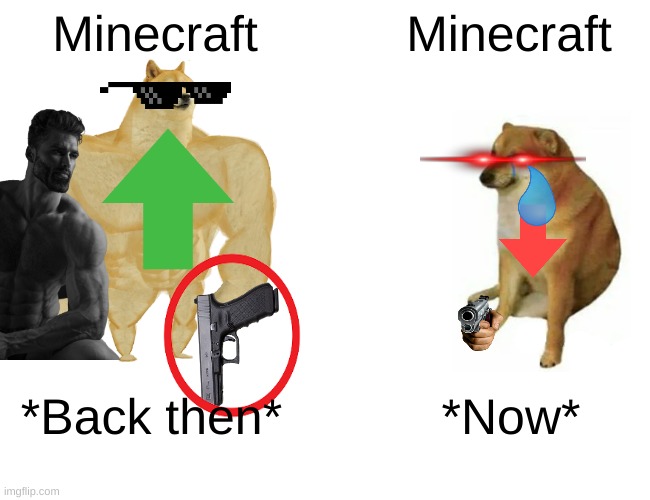 Buff Doge vs. Cheems | Minecraft; Minecraft; *Back then*; *Now* | image tagged in memes,buff doge vs cheems | made w/ Imgflip meme maker