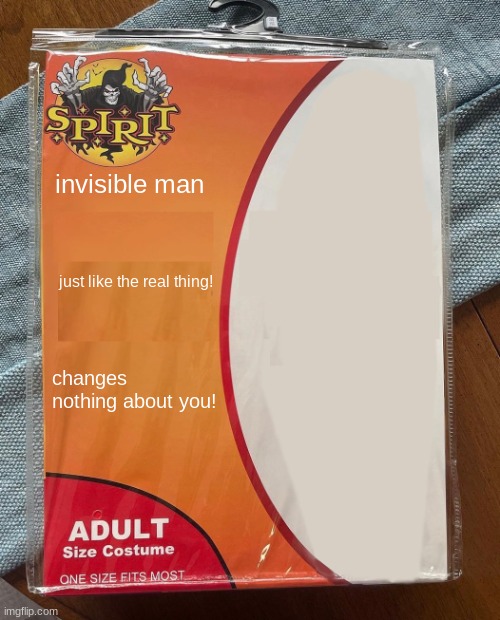 Spirit Halloween | invisible man; just like the real thing! changes nothing about you! | image tagged in spirit halloween | made w/ Imgflip meme maker