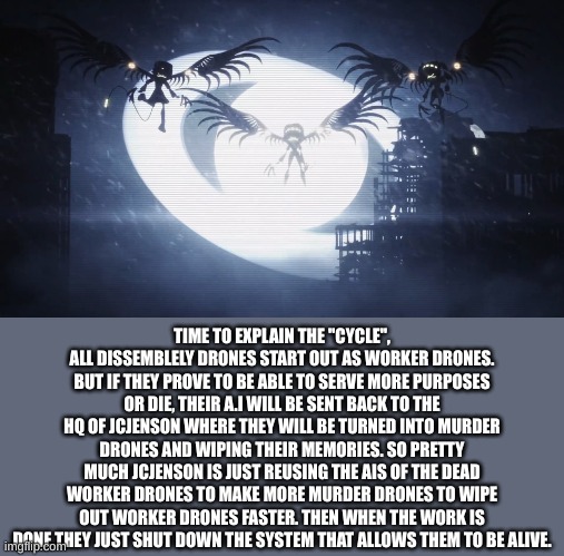 The cycle theory is here! | TIME TO EXPLAIN THE "CYCLE", ALL DISSEMBLELY DRONES START OUT AS WORKER DRONES. BUT IF THEY PROVE TO BE ABLE TO SERVE MORE PURPOSES OR DIE, THEIR A.I WILL BE SENT BACK TO THE HQ OF JCJENSON WHERE THEY WILL BE TURNED INTO MURDER DRONES AND WIPING THEIR MEMORIES. SO PRETTY MUCH JCJENSON IS JUST REUSING THE AIS OF THE DEAD WORKER DRONES TO MAKE MORE MURDER DRONES TO WIPE OUT WORKER DRONES FASTER. THEN WHEN THE WORK IS DONE THEY JUST SHUT DOWN THE SYSTEM THAT ALLOWS THEM TO BE ALIVE. | image tagged in disassembly drones,smg4,game theory | made w/ Imgflip meme maker