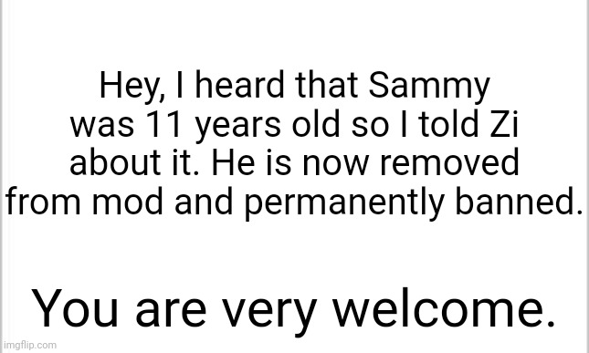 Announcement ladies and gentlemen of the HornyStream | Hey, I heard that Sammy was 11 years old so I told Zi about it. He is now removed from mod and permanently banned. You are very welcome. | image tagged in white background | made w/ Imgflip meme maker