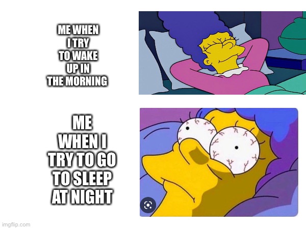 Sleep neme | ME WHEN I TRY TO WAKE UP IN THE MORNING; ME WHEN I TRY TO GO TO SLEEP AT NIGHT | image tagged in the simpsons | made w/ Imgflip meme maker