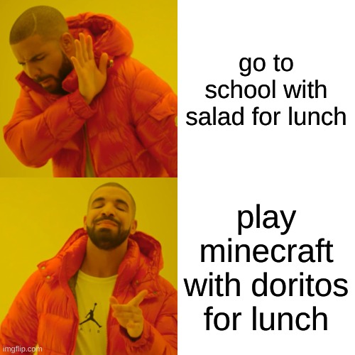 Drake Hotline Bling Meme | go to school with salad for lunch; play minecraft with doritos for lunch | image tagged in memes,drake hotline bling | made w/ Imgflip meme maker