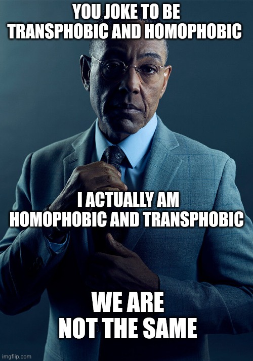 Gus Fring we are not the same | YOU JOKE TO BE TRANSPHOBIC AND HOMOPHOBIC; I ACTUALLY AM HOMOPHOBIC AND TRANSPHOBIC; WE ARE NOT THE SAME | image tagged in gus fring we are not the same | made w/ Imgflip meme maker