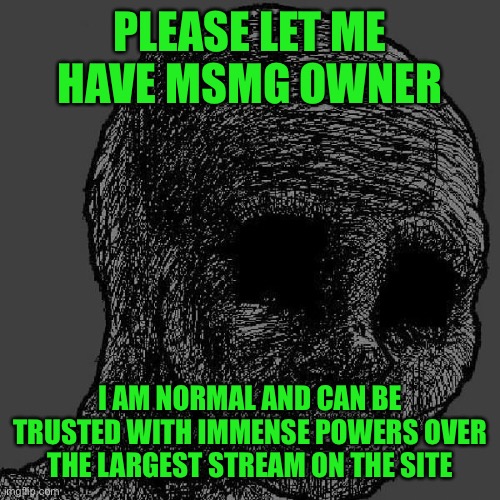 Im joking | PLEASE LET ME HAVE MSMG OWNER; I AM NORMAL AND CAN BE TRUSTED WITH IMMENSE POWERS OVER THE LARGEST STREAM ON THE SITE | image tagged in cursed wojak | made w/ Imgflip meme maker