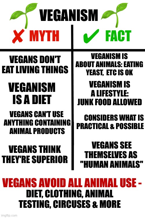 Vegan facts and myths poster - veganism | VEGANISM; VEGANISM IS ABOUT ANIMALS: EATING YEAST,  ETC IS OK; VEGANS DON'T EAT LIVING THINGS; VEGANISM IS A DIET; VEGANISM IS A LIFESTYLE: JUNK FOOD ALLOWED; VEGANS CAN'T USE 
ANYTHING CONTAINING ANIMAL PRODUCTS; CONSIDERS WHAT IS PRACTICAL & POSSIBLE; VEGANS SEE THEMSELVES AS 
"HUMAN ANIMALS"; VEGANS THINK THEY'RE SUPERIOR; VEGANS AVOID ALL ANIMAL USE -; DIET, CLOTHING, ANIMAL TESTING, CIRCUSES & MORE | image tagged in myths vs facts comparison grid,vegan,veganism,myths,animal rights,vegan logic | made w/ Imgflip meme maker