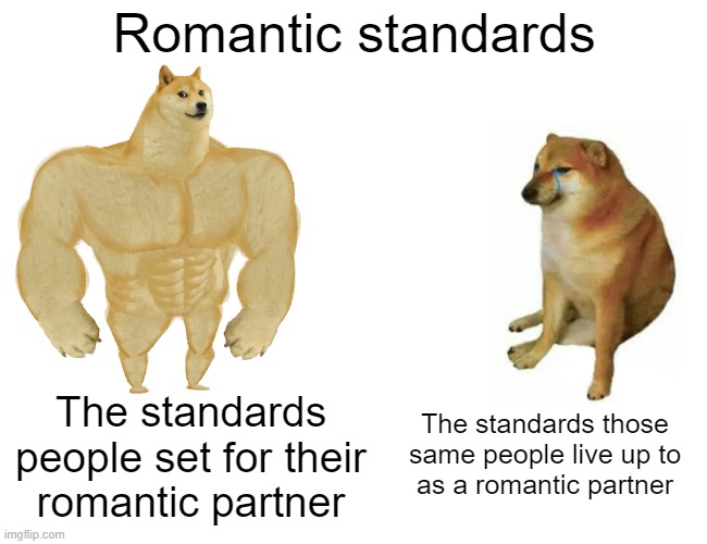 “True love is like ghosts, which everyone talks about and few have seen.” - Francois de La Rochefoucauld | Romantic standards; The standards
people set for their
romantic partner; The standards those same people live up to
as a romantic partner | image tagged in memes,buff doge vs cheems,dating,romantic,double standards,romance | made w/ Imgflip meme maker