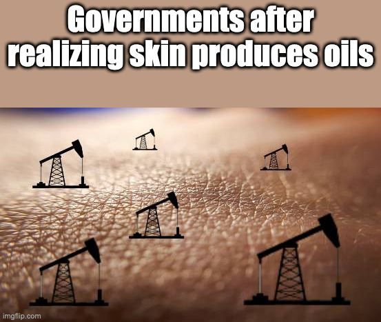 Did somebody say OIL?! | Governments after realizing skin produces oils | image tagged in oil,skin,government | made w/ Imgflip meme maker
