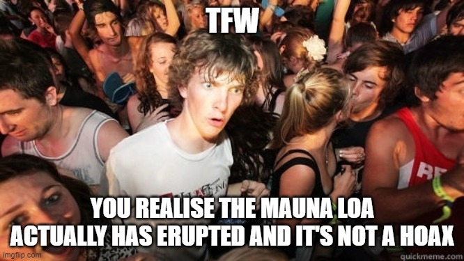 Sudden Realisation Ralph | TFW; YOU REALISE THE MAUNA LOA ACTUALLY HAS ERUPTED AND IT'S NOT A HOAX | image tagged in sudden realisation ralph | made w/ Imgflip meme maker