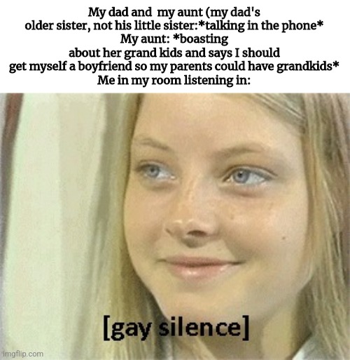 True story though. | My dad and  my aunt (my dad's older sister, not his little sister:*talking in the phone*
My aunt: *boasting about her grand kids and says I should get myself a boyfriend so my parents could have grandkids*
Me in my room listening in: | image tagged in gay silence | made w/ Imgflip meme maker