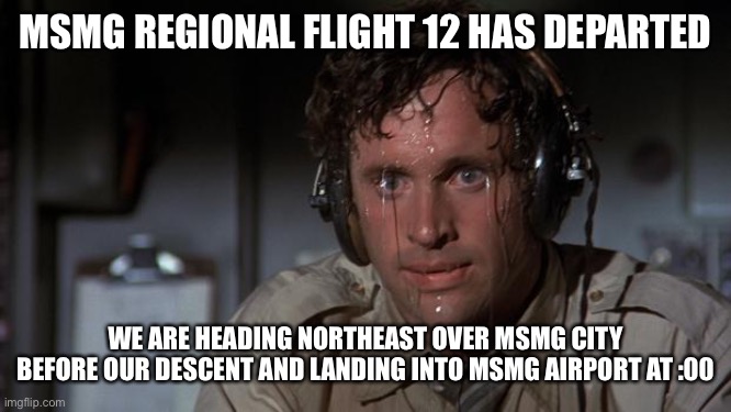 Do any rp you want in the comments | MSMG REGIONAL FLIGHT 12 HAS DEPARTED; WE ARE HEADING NORTHEAST OVER MSMG CITY BEFORE OUR DESCENT AND LANDING INTO MSMG AIRPORT AT :00 | image tagged in pilot sweating | made w/ Imgflip meme maker