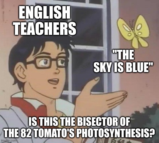 English teachers be like | ENGLISH TEACHERS; "THE SKY IS BLUE"; IS THIS THE BISECTOR OF THE 82 TOMATO'S PHOTOSYNTHESIS? | image tagged in memes,is this a pigeon,schools,do people actually read these | made w/ Imgflip meme maker