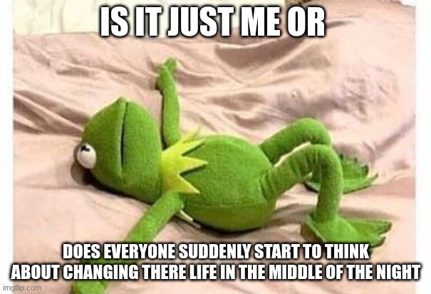 kermit bed | IS IT JUST ME OR; DOES EVERYONE SUDDENLY START TO THINK ABOUT CHANGING THERE LIFE IN THE MIDDLE OF THE NIGHT | image tagged in kermit bed | made w/ Imgflip meme maker