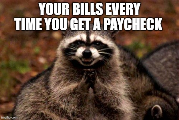 Well it's true. | YOUR BILLS EVERY TIME YOU GET A PAYCHECK | image tagged in memes,evil plotting raccoon,adulting,bills,paycheck,funny memes | made w/ Imgflip meme maker