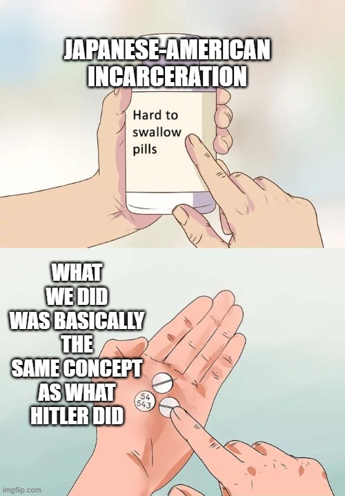 Hard To Swallow Pills Meme | JAPANESE-AMERICAN INCARCERATION; WHAT WE DID WAS BASICALLY THE SAME CONCEPT AS WHAT HITLER DID | image tagged in memes,hard to swallow pills | made w/ Imgflip meme maker