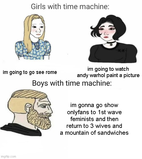 Time machine | im going to go see rome; im going to watch andy warhol paint a picture; im gonna go show onlyfans to 1st wave feminists and then return to 3 wives and a mountain of sandwiches | image tagged in time machine | made w/ Imgflip meme maker