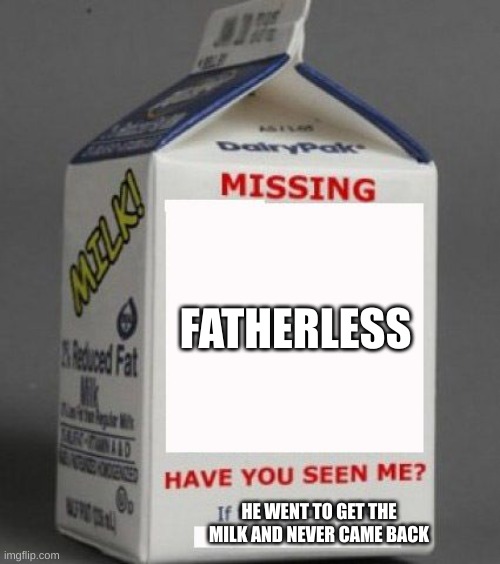 Milk carton | FATHERLESS; HE WENT TO GET THE MILK AND NEVER CAME BACK | image tagged in milk carton | made w/ Imgflip meme maker