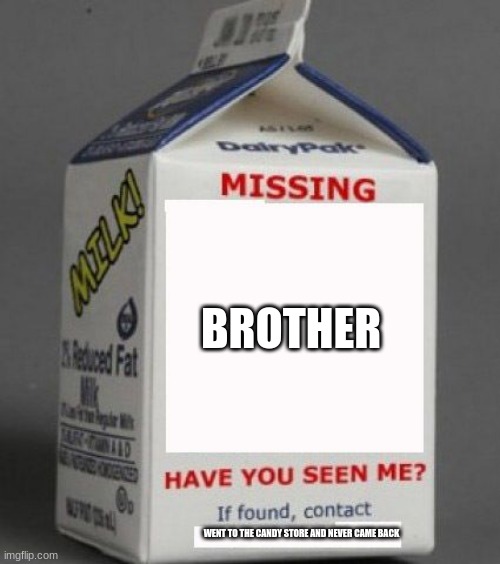 Milk carton | BROTHER; WENT TO THE CANDY STORE AND NEVER CAME BACK | image tagged in milk carton | made w/ Imgflip meme maker