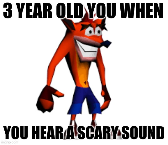 crashed bamicoot | 3 YEAR OLD YOU WHEN; YOU HEAR A SCARY SOUND | image tagged in crash bandicoot,playstation | made w/ Imgflip meme maker