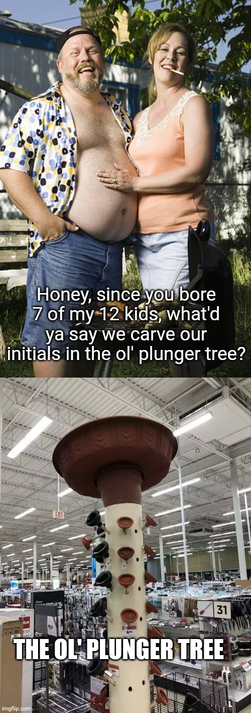 The ol' plunger tree | Honey, since you bore 7 of my 12 kids, what'd ya say we carve our initials in the ol' plunger tree? THE OL' PLUNGER TREE | image tagged in the ol' plunger tree,tree | made w/ Imgflip meme maker