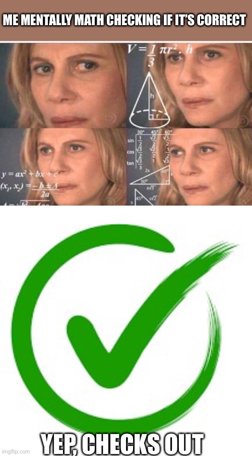 ME MENTALLY MATH CHECKING IF IT’S CORRECT YEP, CHECKS OUT | image tagged in math lady/confused lady,check mark | made w/ Imgflip meme maker