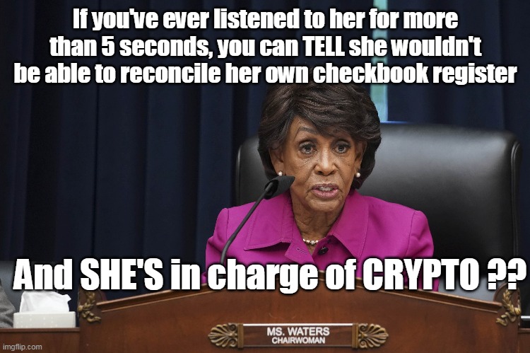 Queen Maxine | If you've ever listened to her for more than 5 seconds, you can TELL she wouldn't be able to reconcile her own checkbook register; And SHE'S in charge of CRYPTO ?? | image tagged in waters crypto kick back coach | made w/ Imgflip meme maker