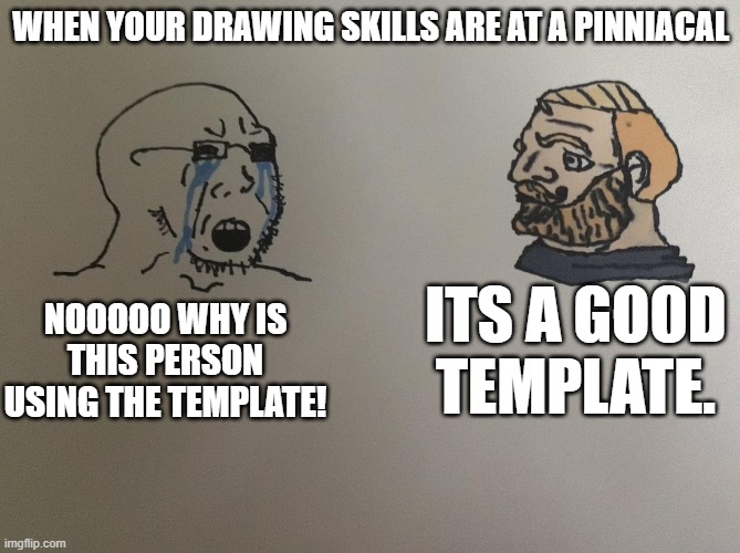 Drawing skills! | WHEN YOUR DRAWING SKILLS ARE AT A PINNIACAL; ITS A GOOD TEMPLATE. NOOOOO WHY IS THIS PERSON USING THE TEMPLATE! | image tagged in soyboy vs yes chad but i drew it,soyboy vs yes chad | made w/ Imgflip meme maker