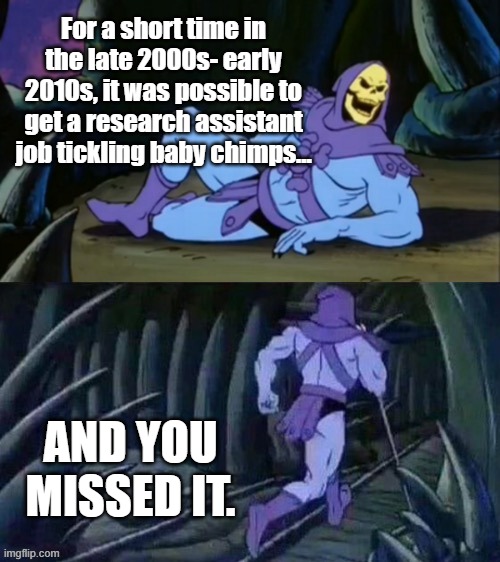 Skeletor disturbing facts | For a short time in the late 2000s- early 2010s, it was possible to get a research assistant job tickling baby chimps... AND YOU MISSED IT. | image tagged in skeletor disturbing facts | made w/ Imgflip meme maker