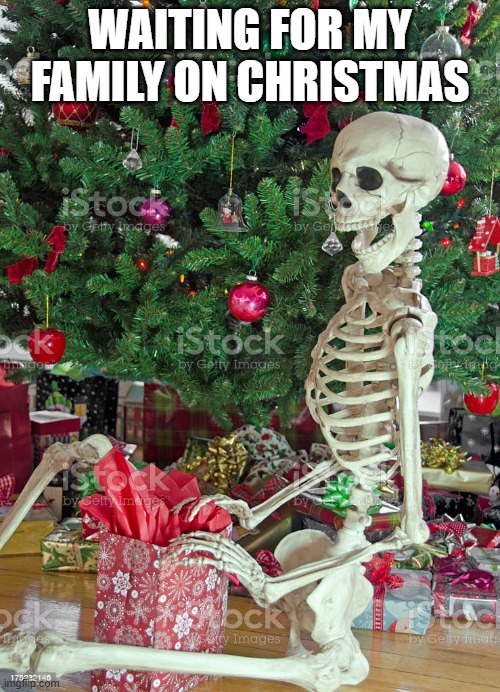 Skelton Waiting By Christmas Tree | WAITING FOR MY FAMILY ON CHRISTMAS | image tagged in skelton waiting by christmas tree | made w/ Imgflip meme maker